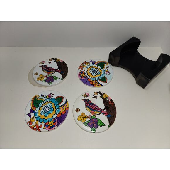 Vtg Birds & Flowers Coasters 4", Set of 4. - Picture 1 of 6